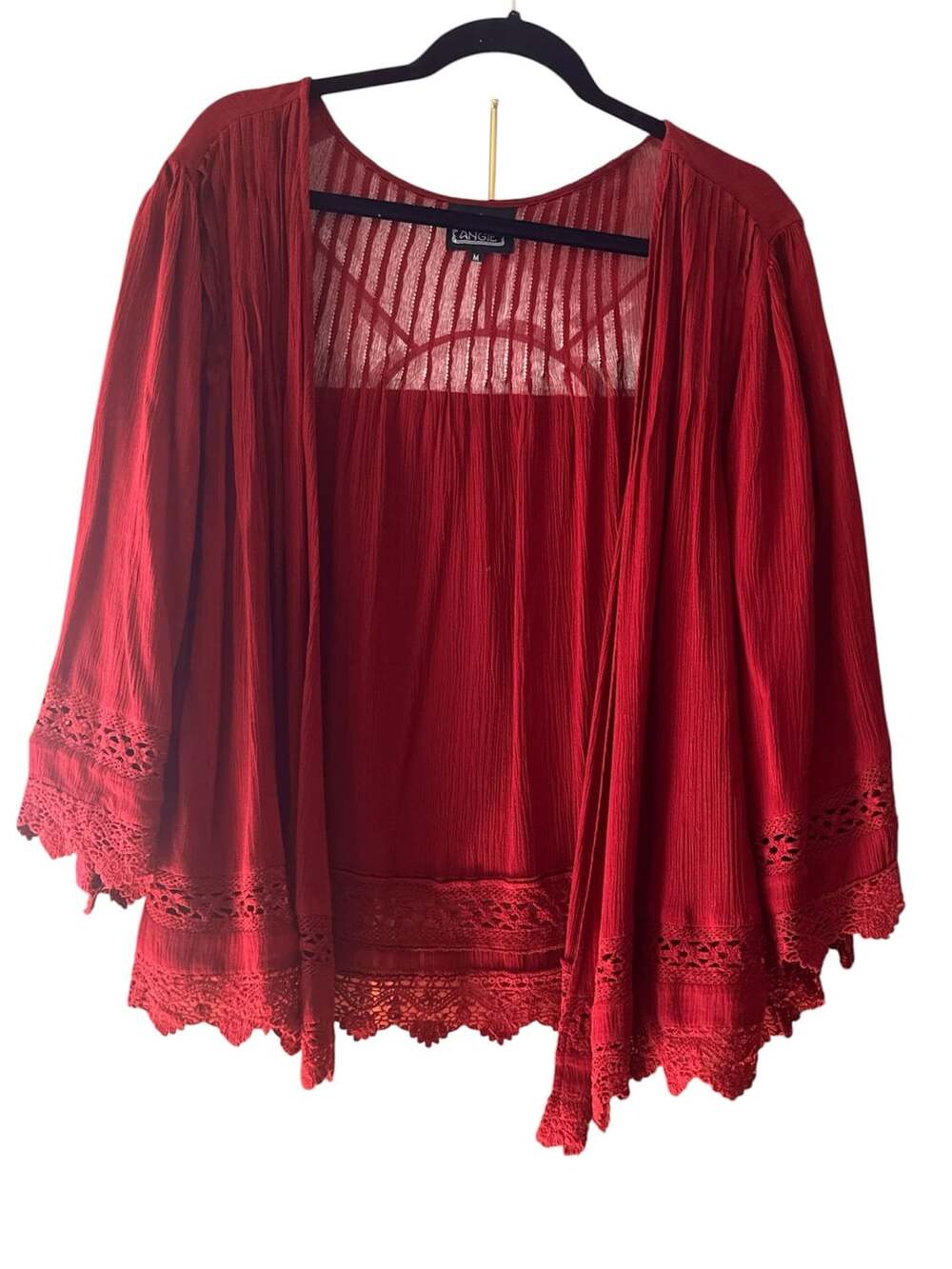 Angie Open Cardigan Size M Red Viscose Crochet Lace Trim Boho Shrug